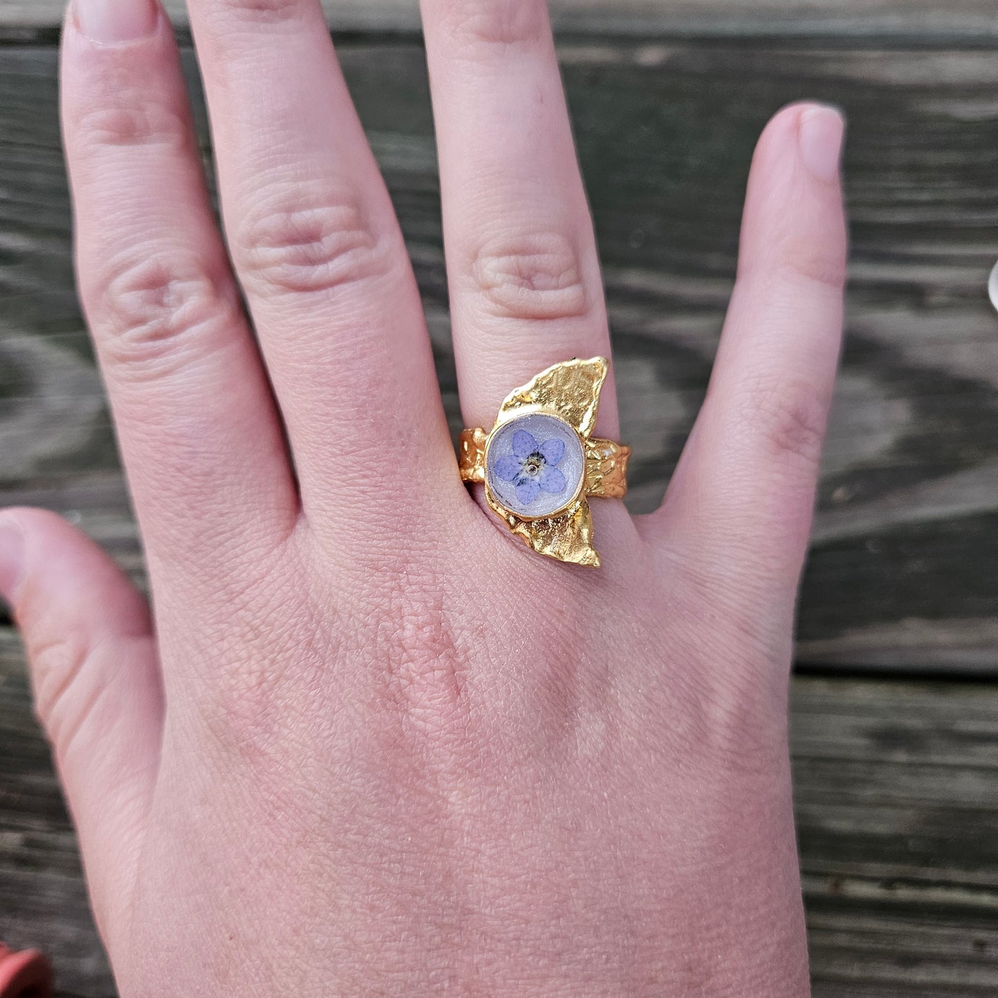 Large Moon Ring with Forget-me-not