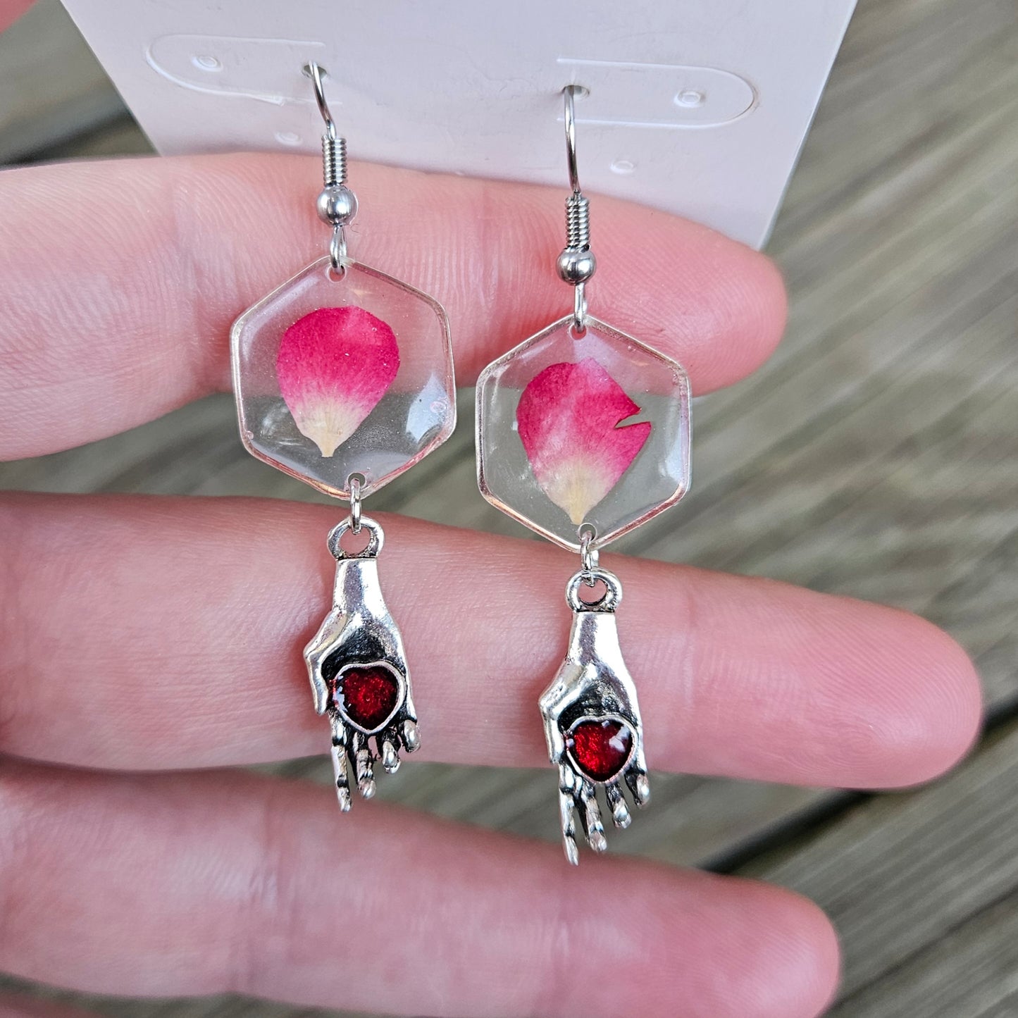 Heart-in-Hand Earrings with Rose Petals